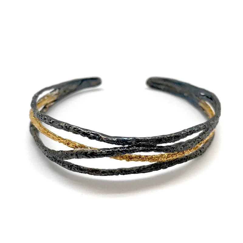 Ladies multi-strand bracelets-Black and Gold Textured Bracelet