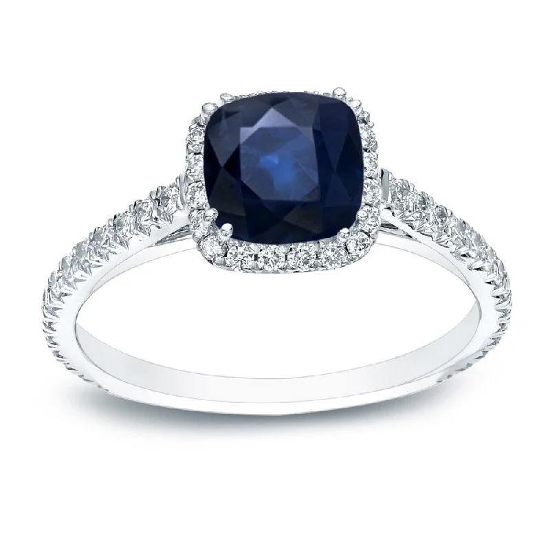 Ladies engagement rings with pave diamonds-Auriya Platinum 3/4ct Cushion-cut Blue Sapphire Halo Diamond Engagement Ring 3/4ctw