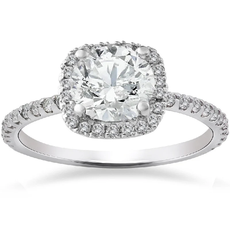 Ladies engagement rings with custom designs-14k White Gold 2ct TDW Cushion Halo Diamond Engagement Ring Clarity Enhanced