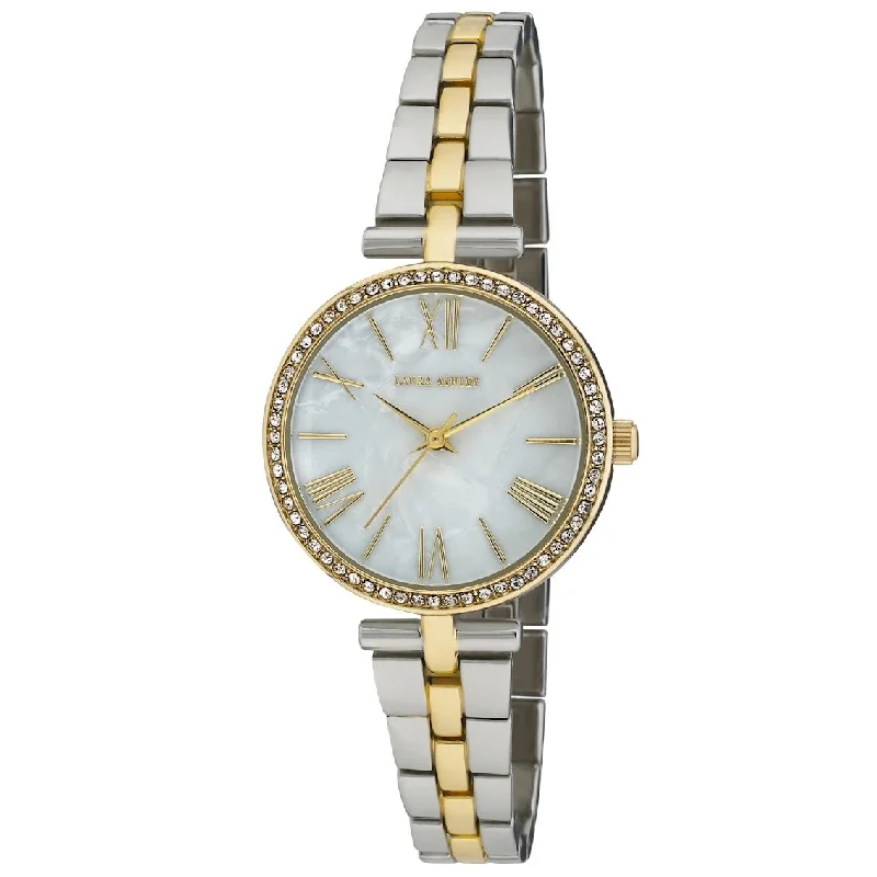 Ladies elegant bracelets-Laura Ashley Women's 32mm MOP Dial Crystal Bezel T-Bar Bracelet Watch - 3 Colors Available