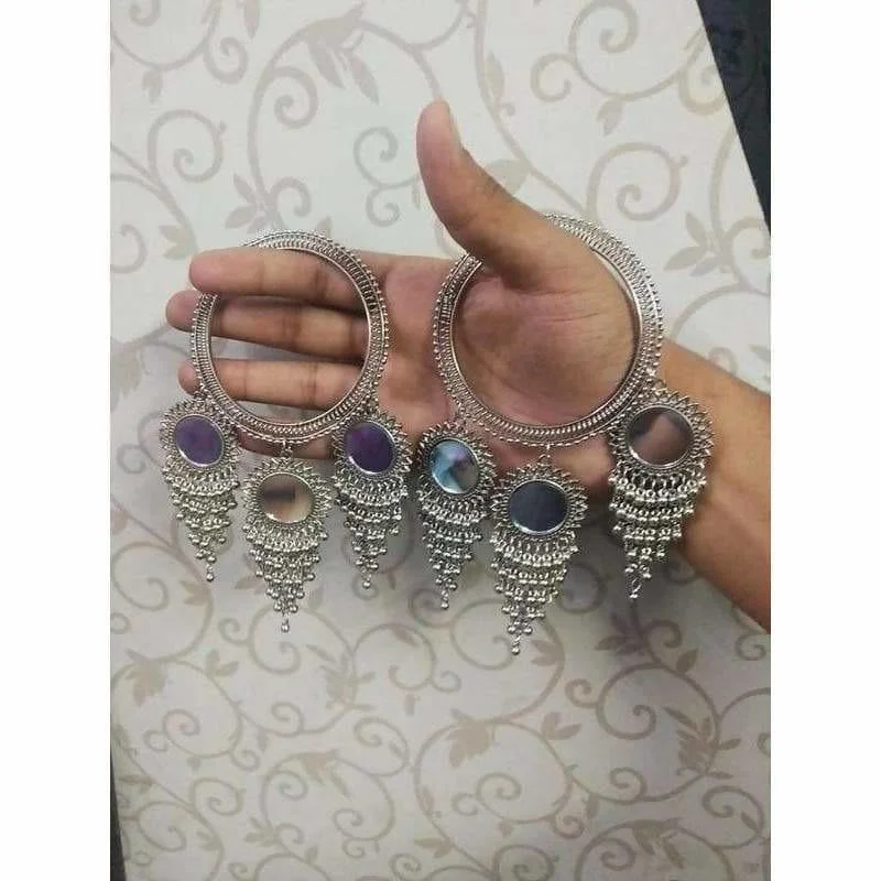 Ladies engraved bangle bracelets-MS Fashion India Silver Pearls With Mirrors Silver Latkan Bangles