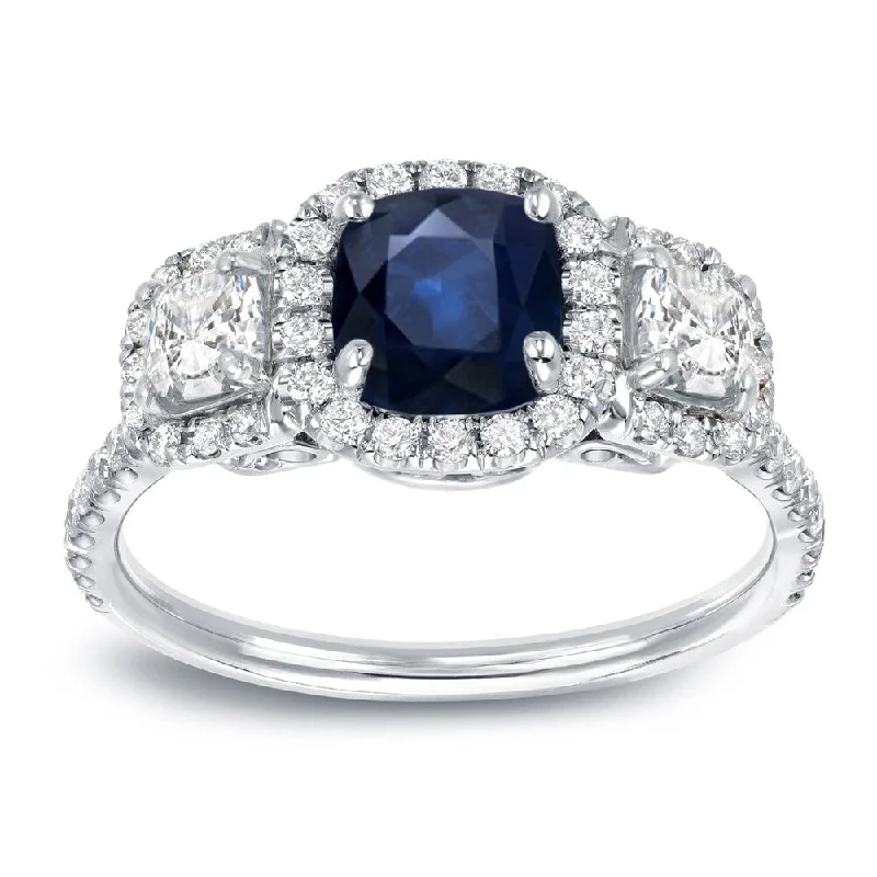 Ladies heart-shaped engagement rings-Auriya 3-Stone 1ct Blue Sapphire Cushion and 1ct TDW Diamond Engagement Ring 14k White Gold