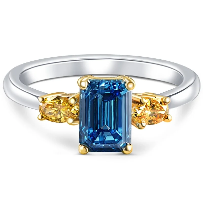 Ladies heart-shaped diamond engagement rings-1 1/4Ct Fancy Blue & Yellow Diamond Engagement Three Stone Emerald Ring Gold