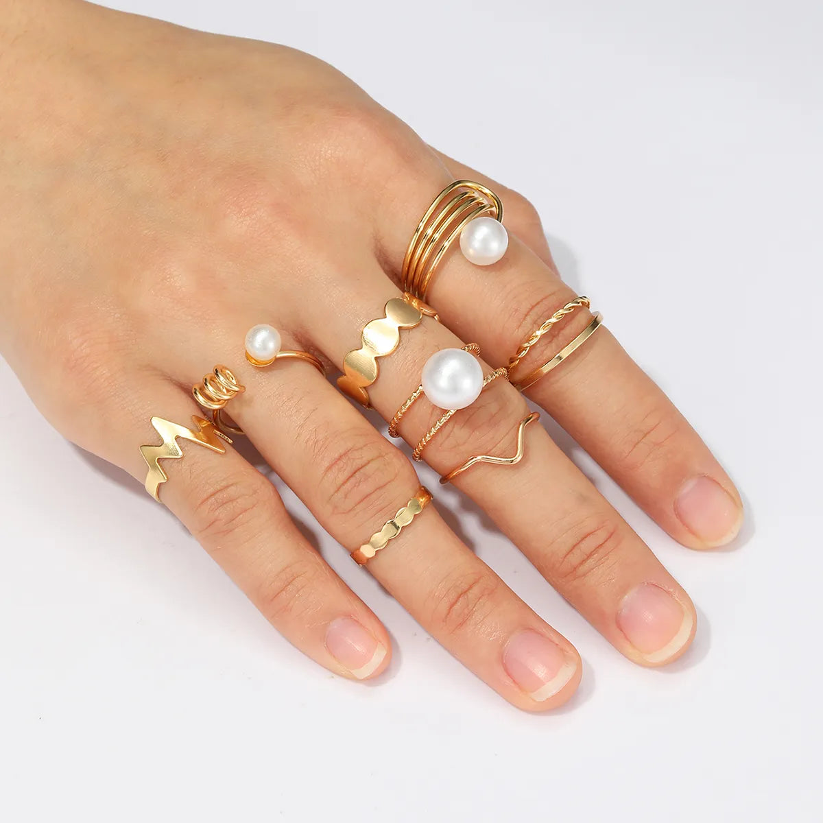 Ladies ruby rings-8 Pieces Fashion Round Lightning Alloy Inlay Pearl 18k Gold Plated Women's Rings