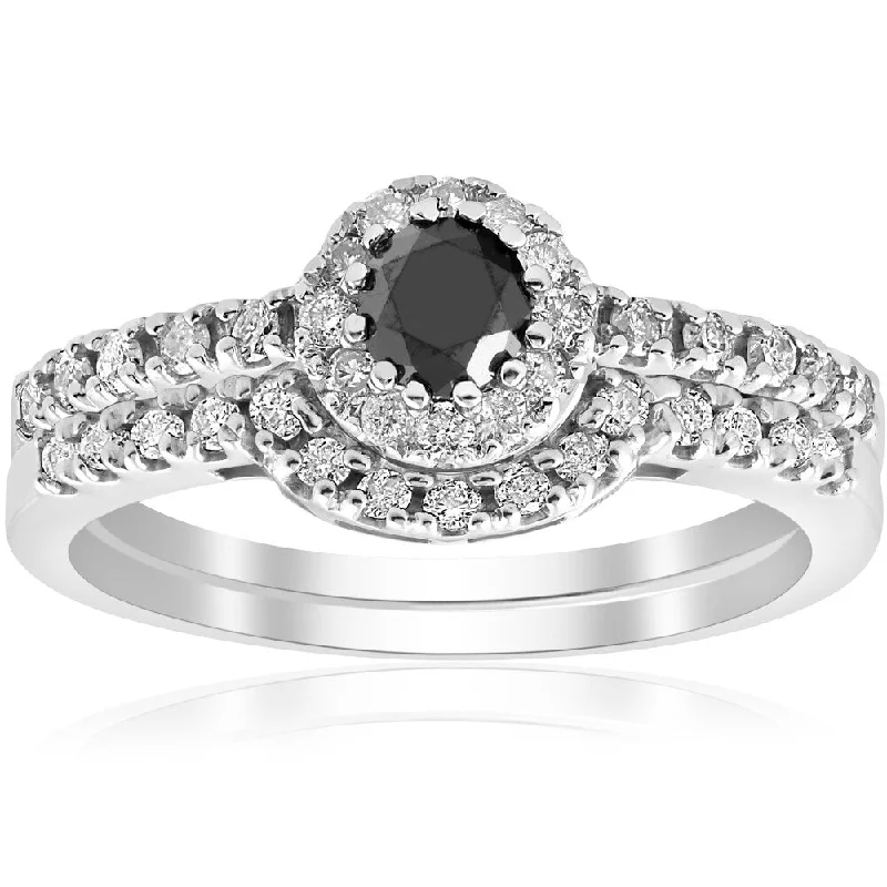 Ladies round diamond engagement rings-14K White Gold 7/8 ct TDW Black & White Diamond Halo Engagement Wedding Guard Ring Set (I-J,I2-I3)