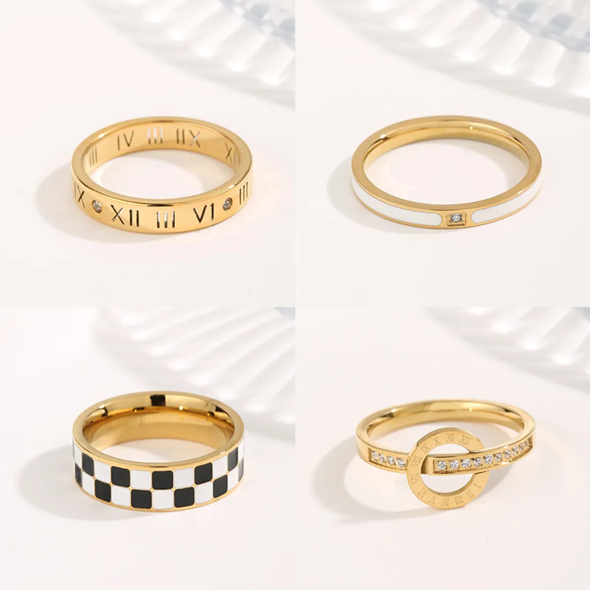 Ladies art deco rings-Simple Style Classic Style Circle Roman Numeral Checkered Titanium Steel Copper Plating Inlay Zircon Gold Plated Rings