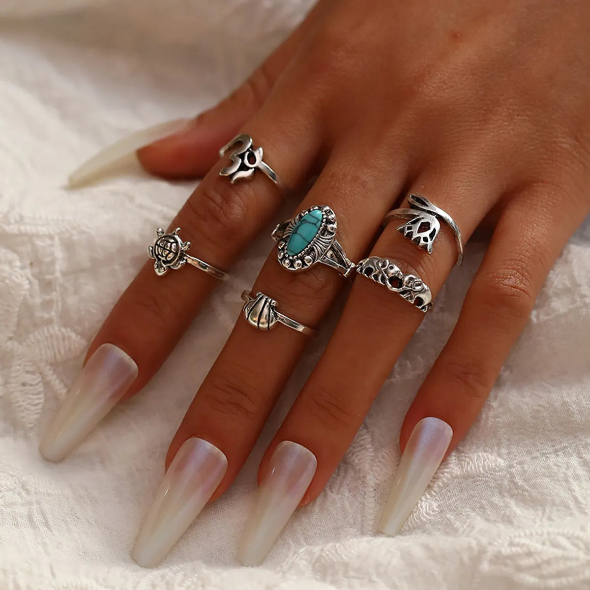 Ladies stackable engagement rings-Retro Crown Snake Turquoise Turtle Elephant Geometric Ring 6-piece Set