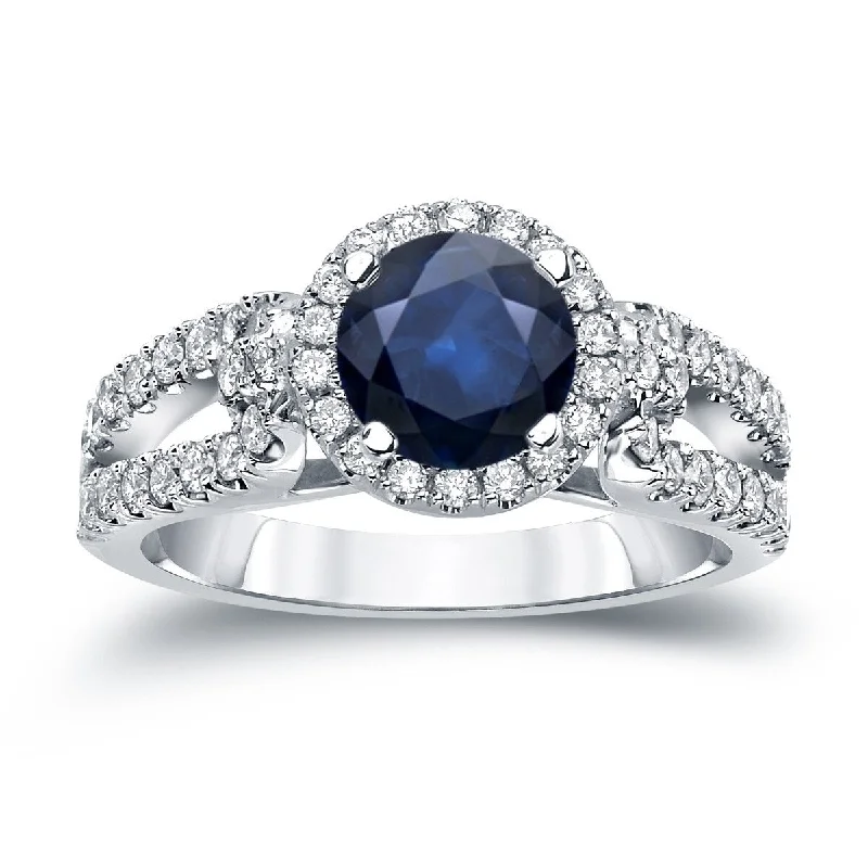 Ladies minimalistic engagement rings-Auriya 14k Gold 1/2ct Modern Sapphire and Diamond Halo Engagement Ring 1/2ctw