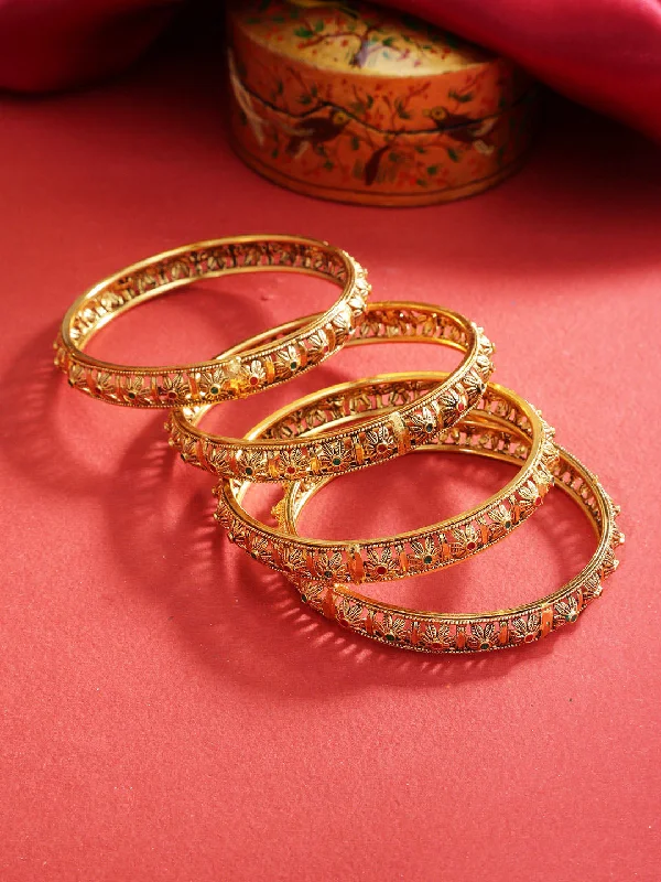 Ladies gold charm bracelets-Priyaasi Women Set of 4 Gold-Plated Red & Green Stones Studded Floral Jali work Bangles