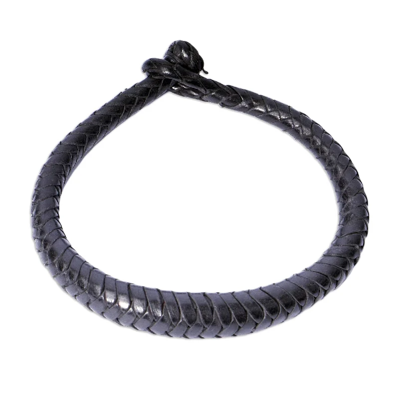 Ladies gold tennis bracelets-Novica Handmade Black Grace Braided Leather Bracelet