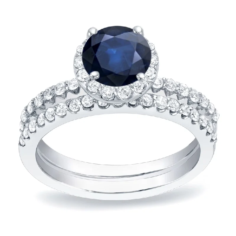 Ladies split-shank engagement rings-Auriya Platinum 1/2ct Blue Sapphire Halo Diamond Engagement Ring 3/4ctw