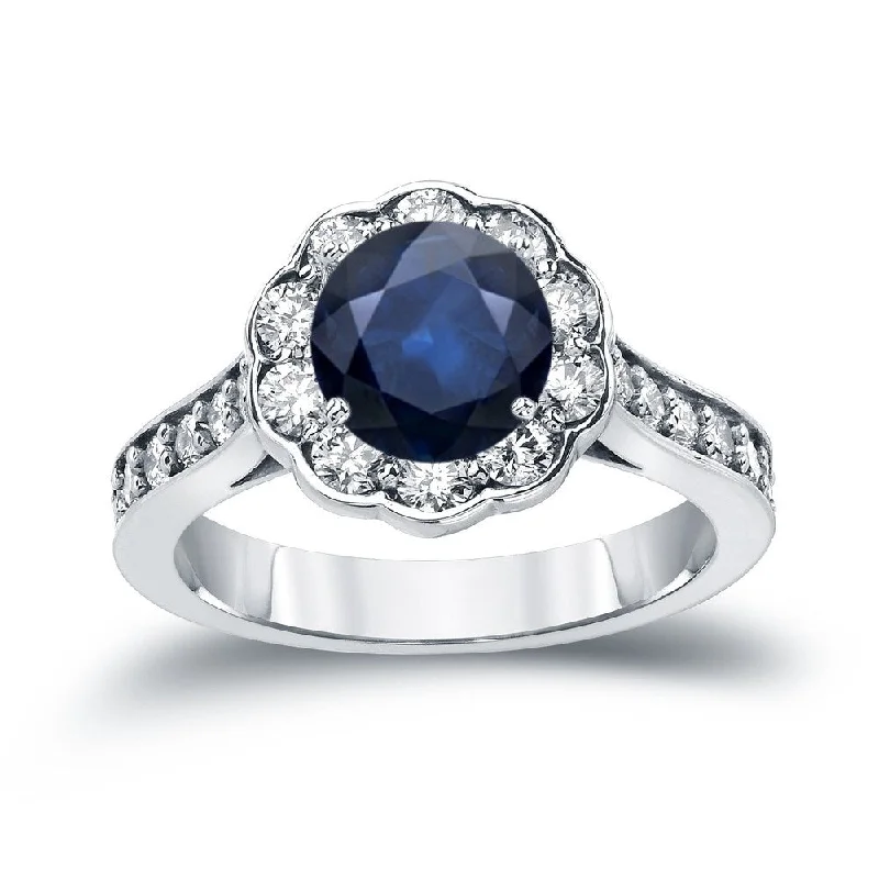 Ladies art deco engagement rings-Auriya 3/4ct Blue Sapphire Gemstone and 1ctw Halo Diamond Engagement Ring 14K Gold (H-I, SI1-SI2)