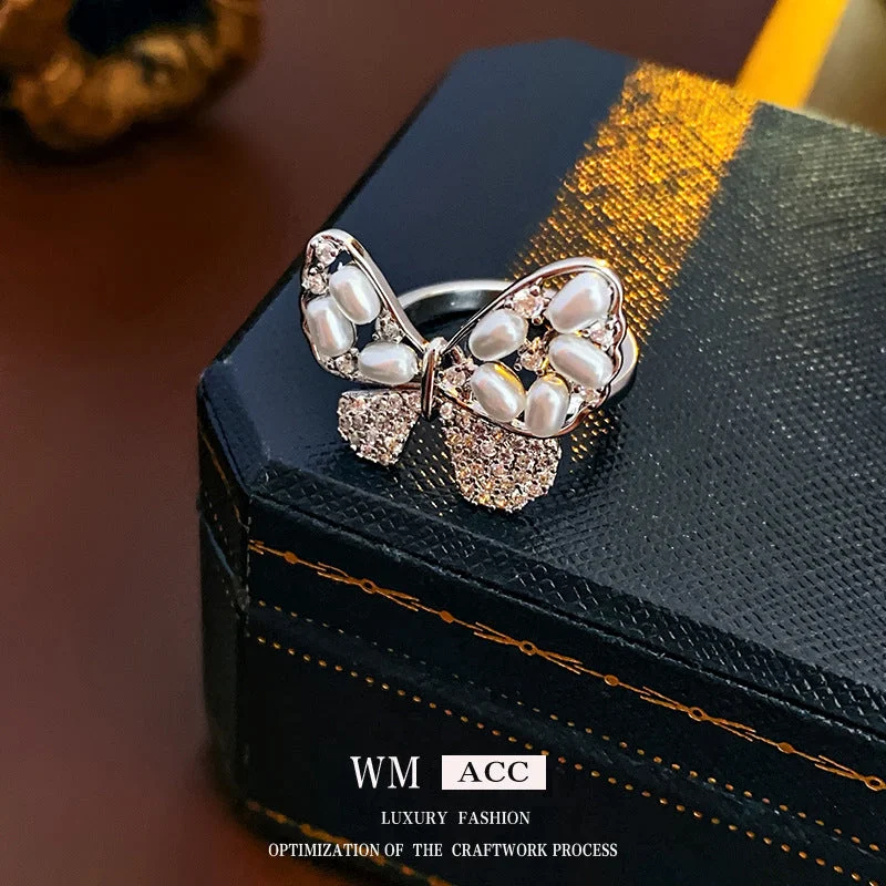 Ring-Real Gold Electroplated Zircon Silver Butterfly Pearl