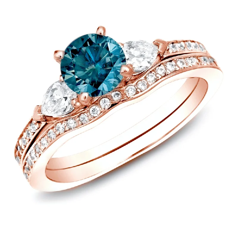 Ladies wedding and engagement rings set-Auriya 14k Rose Gold 1ctw Blue Diamond 3-stone Engagement Ring Set