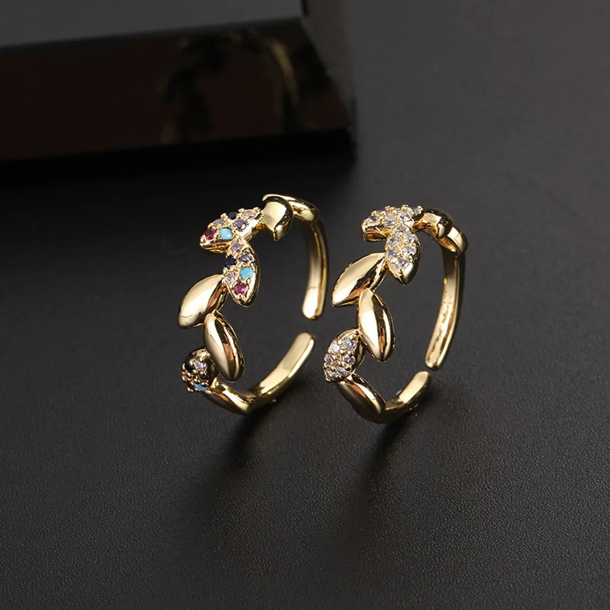 Ladies stacking rings-Simple Style Leaves Copper Gold Plated Zircon Open Rings In Bulk