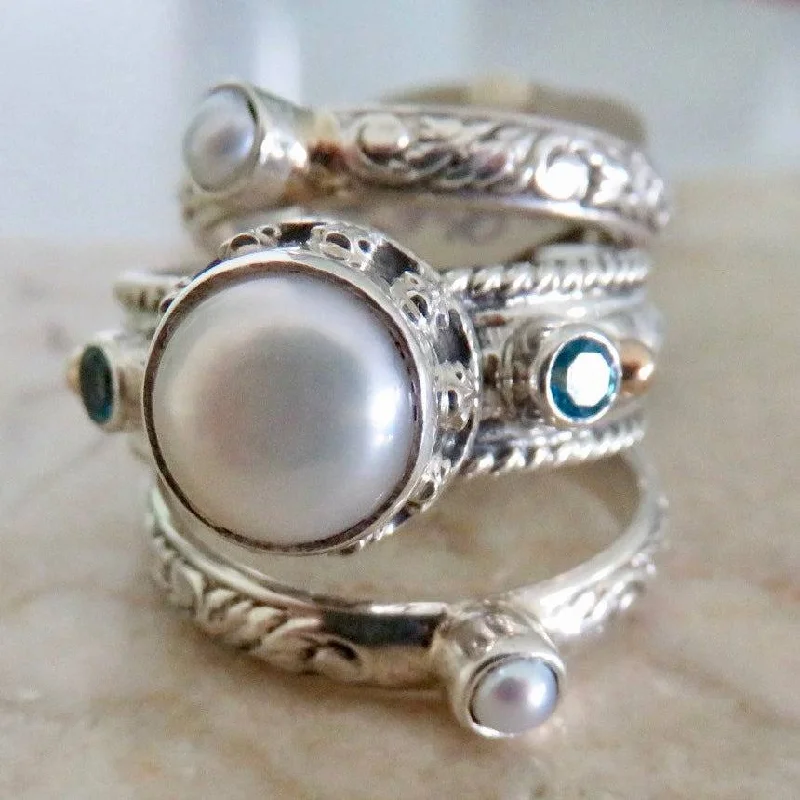 Ladies sparkling diamond rings-Reve Jewelry Sterling SIlver 3 Band Stackable Rings-Mabe Pearl & Gemstones