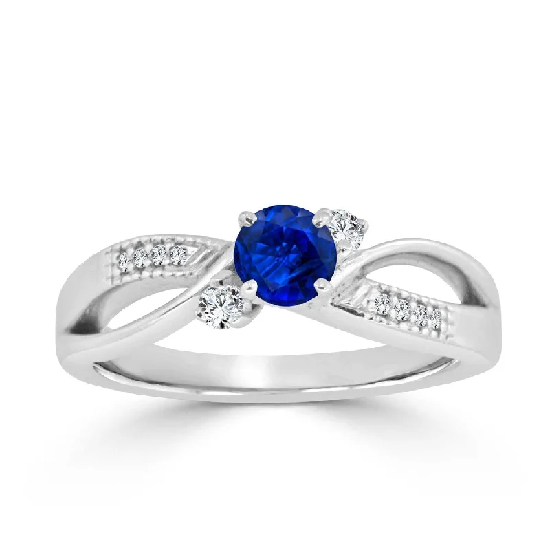 Ladies three-prong engagement rings-Auriya 2/5ct Blue Sapphire and 1/10ctw 3 Stone Diamond Engagement Ring 14k Gold