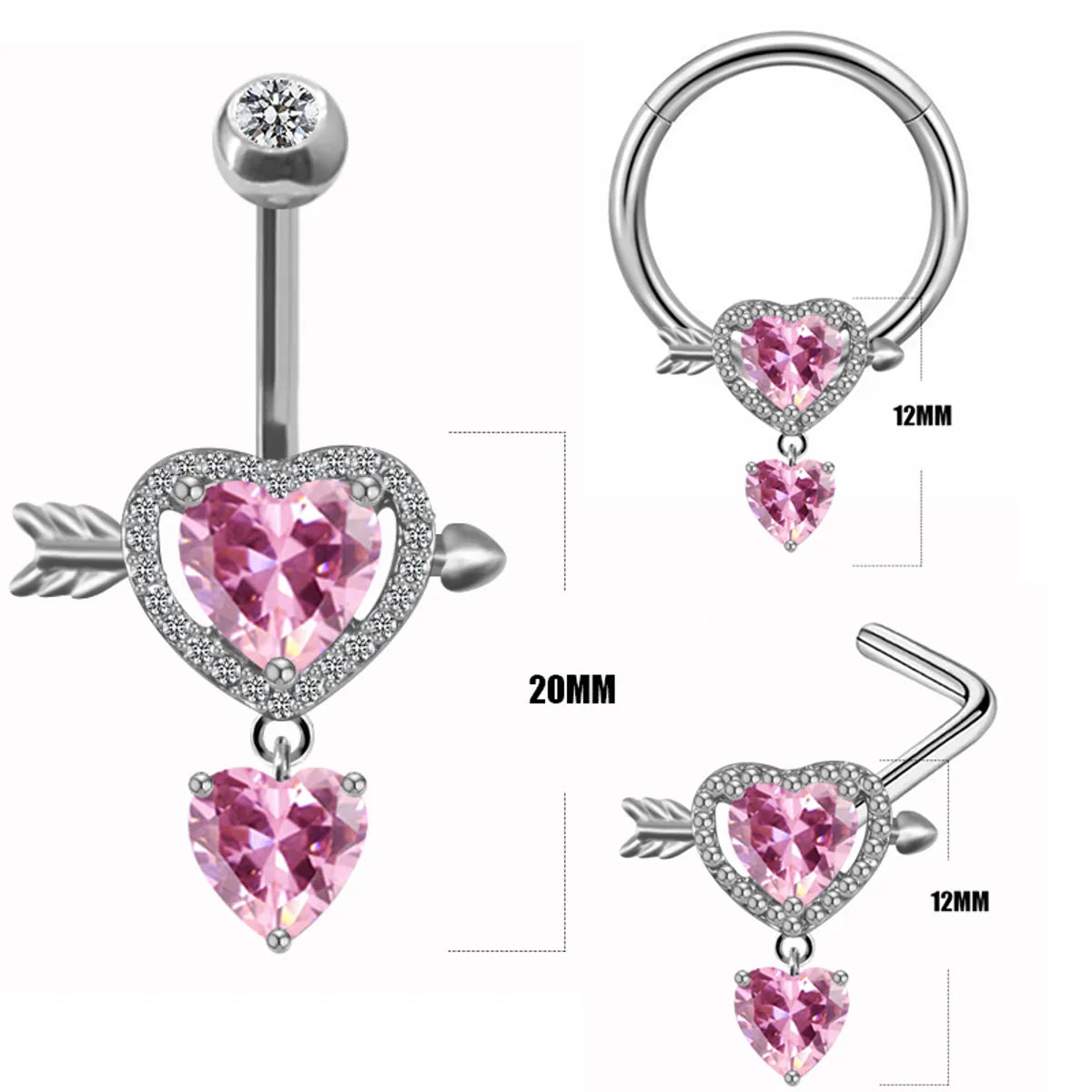 Ladies unique gold rings-Casual Rock Heart Shape Stainless Steel Alloy Inlay Zircon White Gold Plated Silver Plated Belly Ring Nose Ring Nose Studs