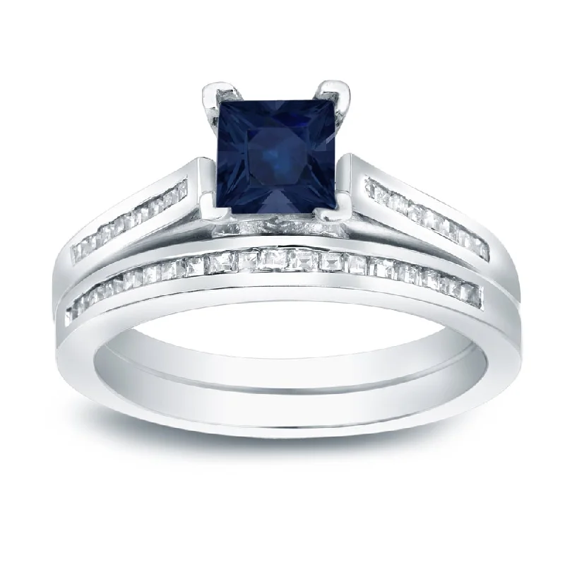 Ladies diamond engagement rings with halos-Auriya Platinum 4/5ct Blue Sapphire and 3/4ctw Diamond Engagement Ring Set