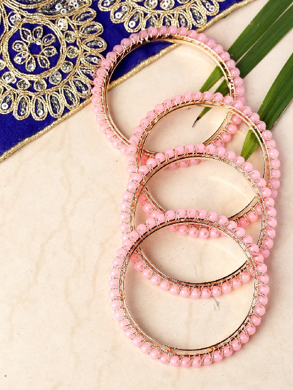 Ladies handmade bracelets-Priyaasi Women Set Of 4 Gold-Plated Pink Beaded Bangles