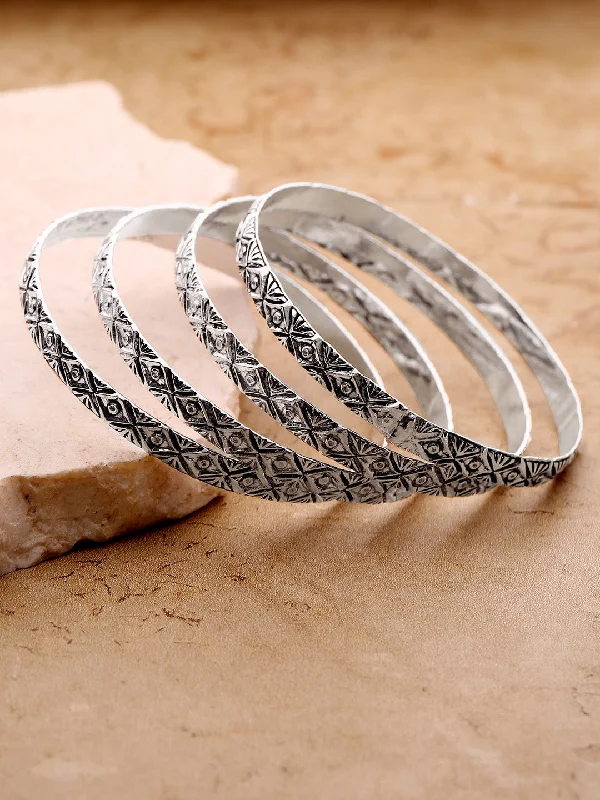 Ladies silver wrap bracelets-Priyaasi Women Set Of 4 Oxidised Silver Plated Beautiful Design Bangles