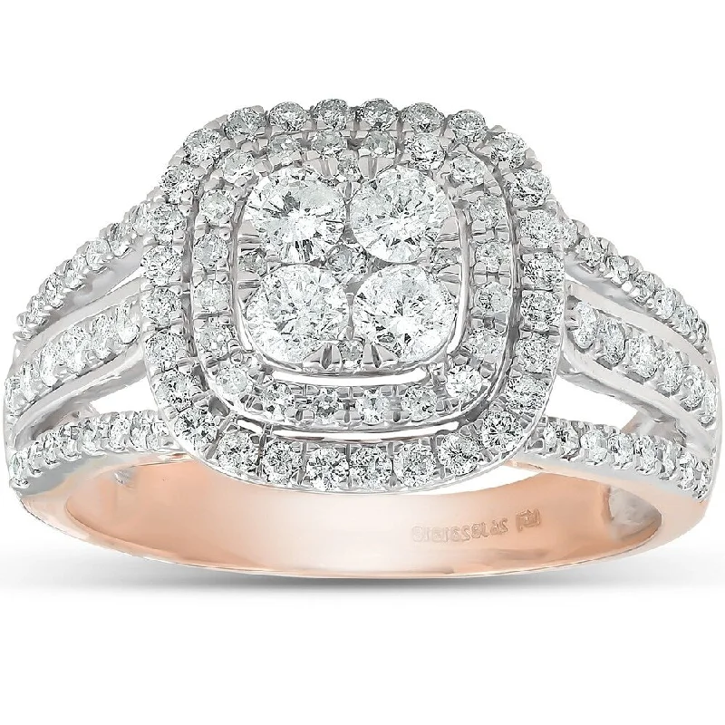 Ladies gold engagement rings-Pompeii3 10k Rose Gold 1 /10 Ct TDW Cushion Halo Diamond Engagement Multi Row Ring