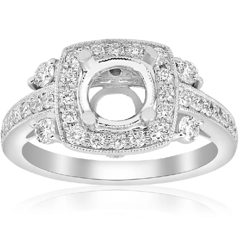 Ladies channel-set engagement rings-Pompeii3 18k White Gold .61 ct TDW Diamond Cushion Halo Unique Engagement Ring Setting Semi Mount Fits 7mm (F-VS)