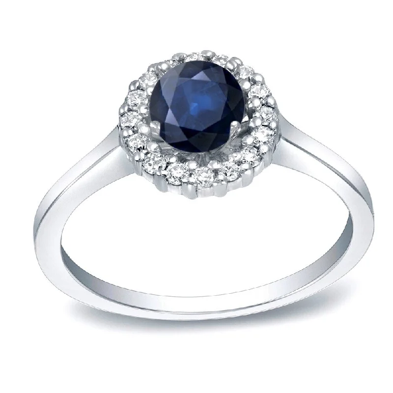 Ladies engagement rings with white sapphires-Auriya Round 1/2ct Blue Sapphire and 1/4ct Diamond Halo Engagement Ring 14K Gold