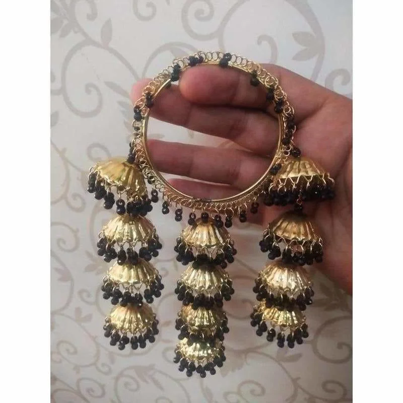 Ladies leather wrap bracelets-MS Fashion India Gold Color with Black Pearls Hanging Bangles