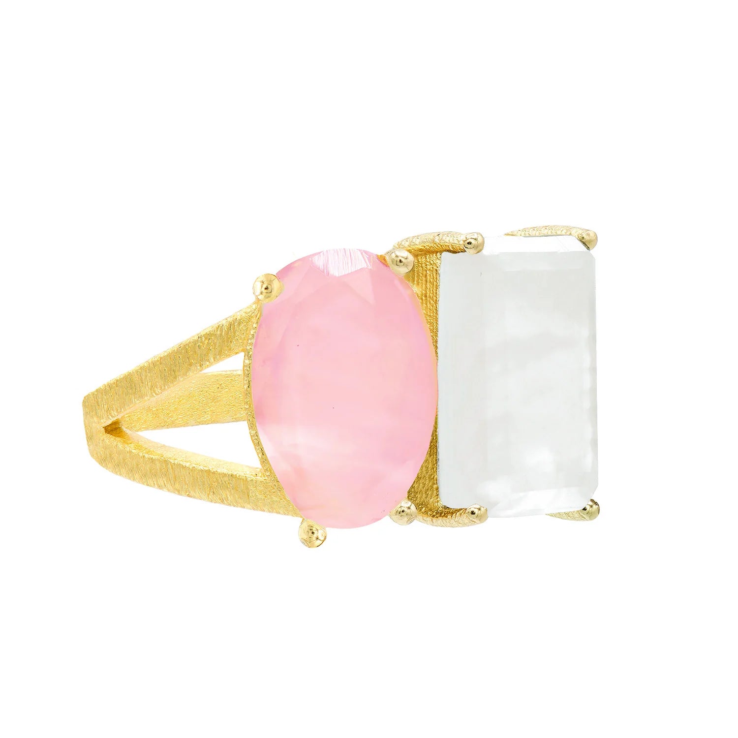 Ladies art deco rings-Marcia Moran Moreda Statement Ring with Double Stone - Mother of Pearl & Rose Quartz