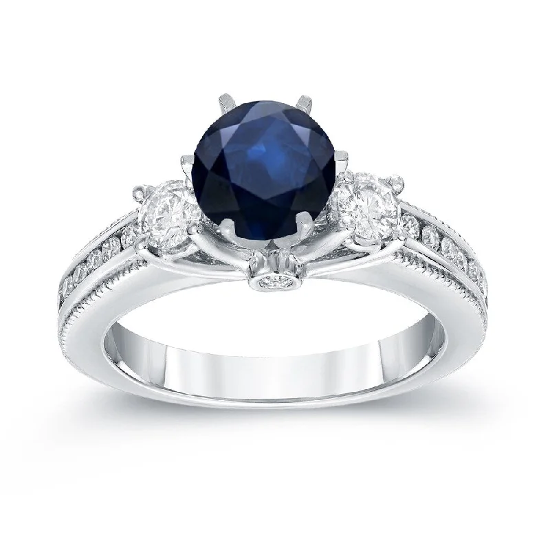 Ladies round cut engagement rings-Auriya Vintage 7/8ct Sapphire and 3/5ct TDW 3-Stone Diamond Engagement Ring 14k Gold (G-H, SI2-SI3)