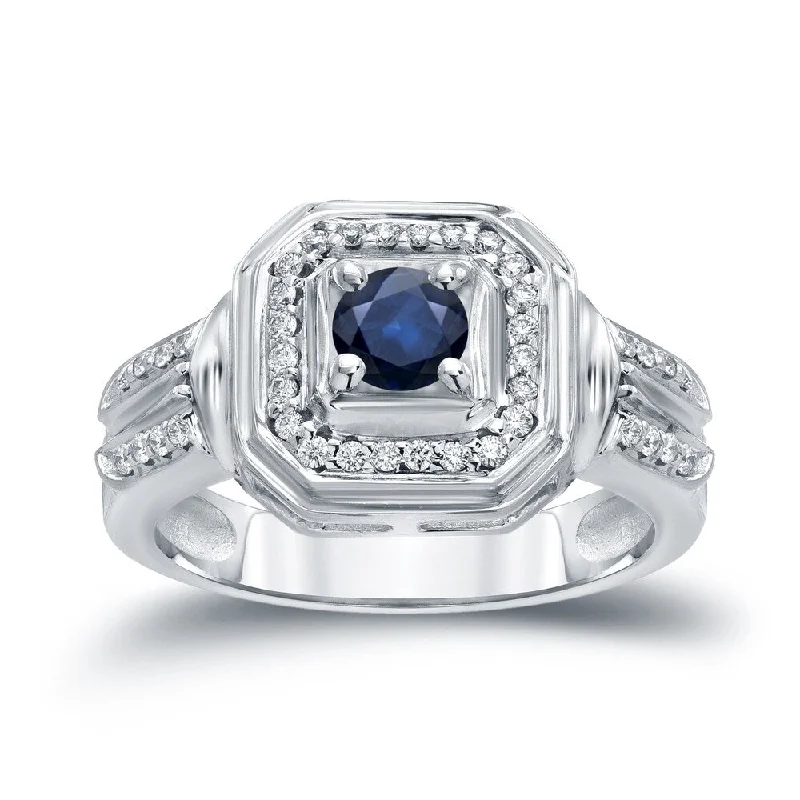 Ladies engraved engagement rings-14k Gold 1/5ct Blue Sapphire and 1/5ct TDW Round Diamond Engagement Ring H