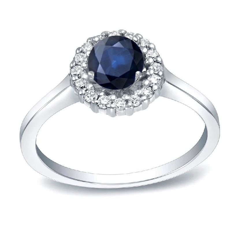 Ladies sapphire and diamond engagement rings-Platinum Round 1/2ct Blue Sapphire and 1/4ct Diamond Halo Engagement Ring by Auriya