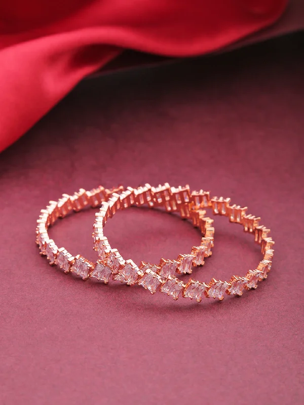 Ladies sterling silver bracelets-Priyaasi Women Set Of 2 Rose Gold-Plated Baguette Cut American Diamond Studded Bangles