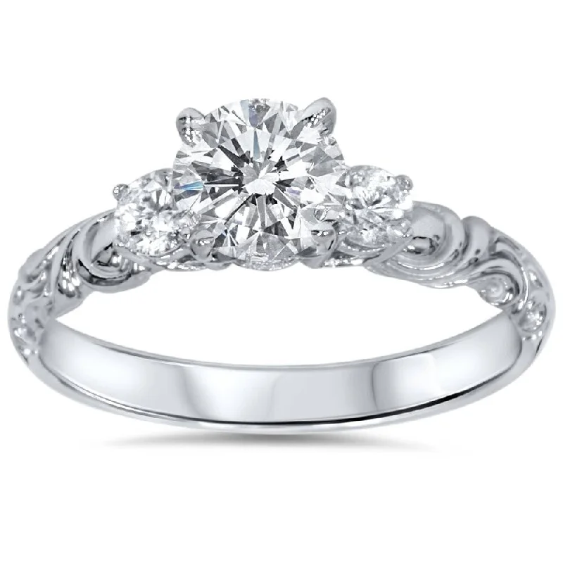 Ladies diamond engagement rings with halos-3/4ct Vintage 3 Stone Diamond Engagement Ring 14K White Gold