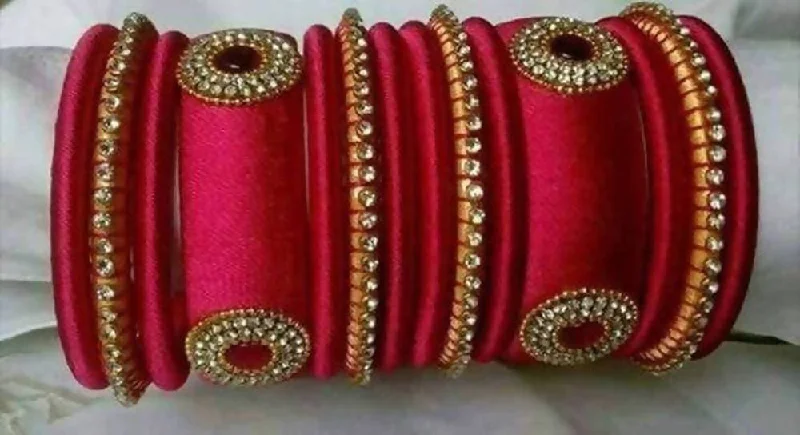 Ladies leather bracelets-Pure Pink Silk Threaded Designer Stone Bangles Set of 2