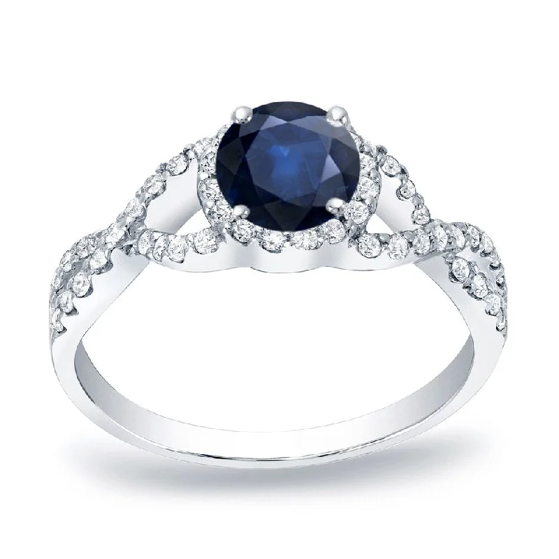 Ladies custom engagement rings with initials-Auriya 1/2ct Blue Sapphire and 1/2ctw Halo Diamond Engagement Ring Platinum (SI1-SI2)