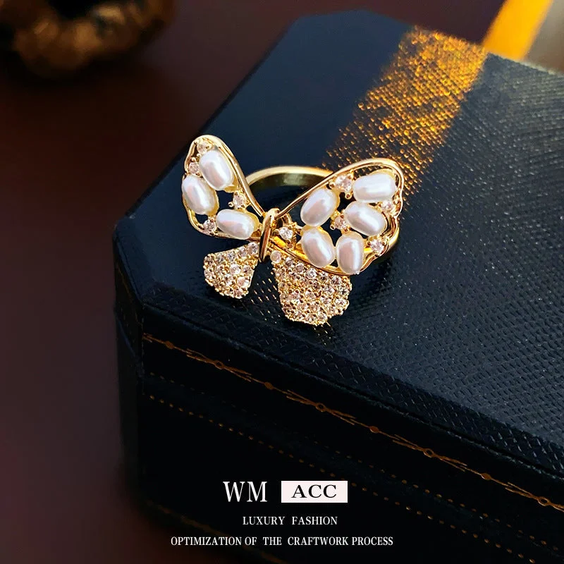 Ring-Real Gold Electroplated Zircon Gold Butterfly Pearl