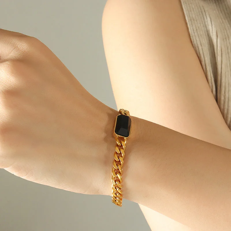 E378-Gold Black Glass Stone Bracelet-15+5cm