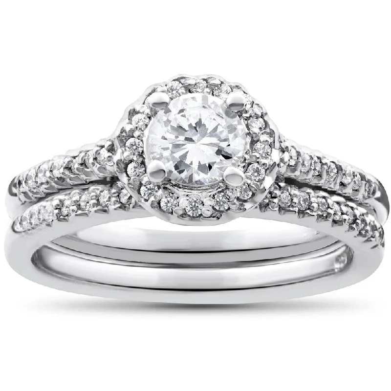 Ladies antique-inspired engagement rings-14k White Gold 7/8ct Round Halo Diamond Engagement Matching Wedding Ring Set