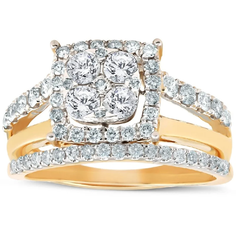 Ladies three-stone engagement rings-Pompeii3 10k Yellow Gold 1 1/10 Ct TDW Cushion Halo Diamond Engagement Ring & Matching Wedding Band Set