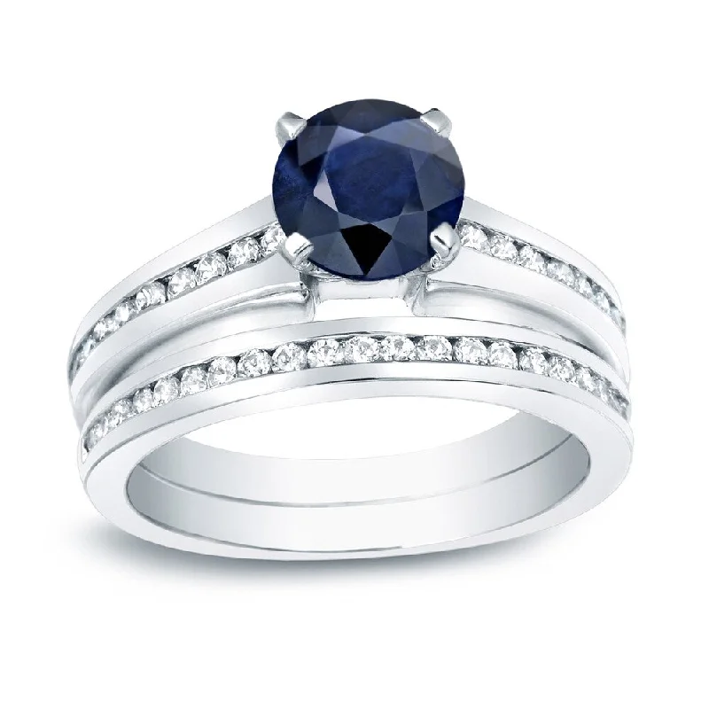 Ladies engagement rings with intricate designs-Auriya Round 3/4ct Blue Sapphire and 3/4cttw Channel Diamond Engagement Ring 14K Gold