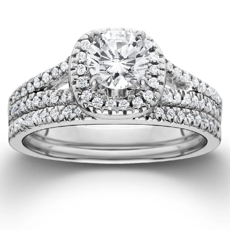 Ladies antique-inspired engagement rings-14k White Gold 1ct TDW Diamond Halo Engagement Wedding Ring Set