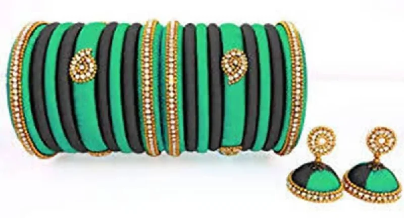 Ladies infinity bracelets-Green and Black Silk Threaded Earrings and Bangles Set of 2