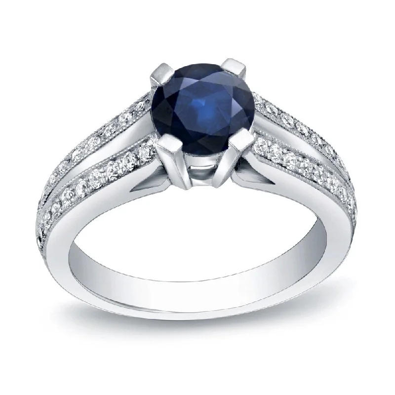 Ladies engagement rings with side stones-Auriya Split Shank Round 1ct Blue Sapphire and 1/4ct TDW Diamond Engagement Ring 14k Gold