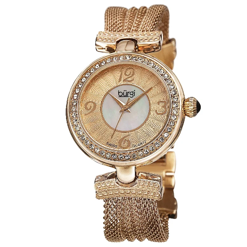 Ladies silver tennis bracelets-Burgi Women's Swiss Quartz Dial Mesh Gold-Tone Bracelet Watch