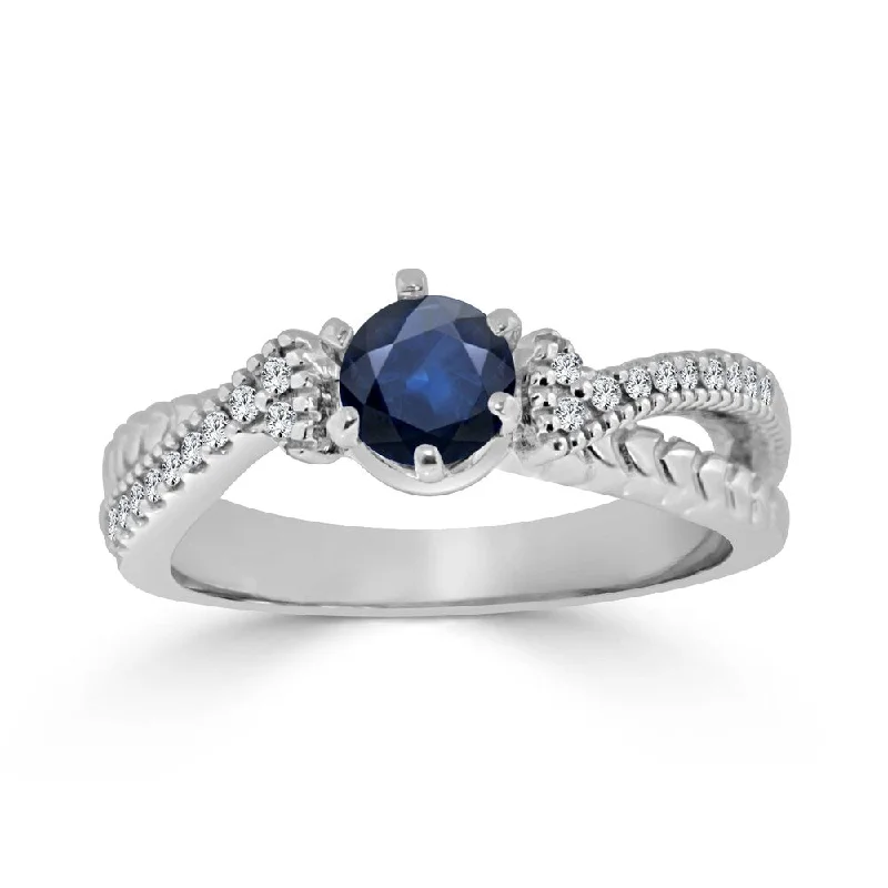 Ladies simple diamond engagement rings-Auriya Carved Split Shank 2/5ct Blue Sapphire and 1/6ctw Diamond Engagement Ring 14K Gold