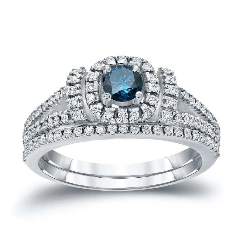 Ladies custom-designed engagement rings-Auriya Modern 3/4ctw Round Halo Blue Diamond Engagement Ring Set 14kt Gold