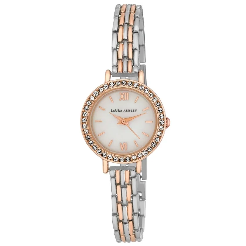 Ladies luxury bangles-Laura Ashley Women's 25mm Elegant Crystal Bezel Link Bracelet Watch - 3 Colors Available