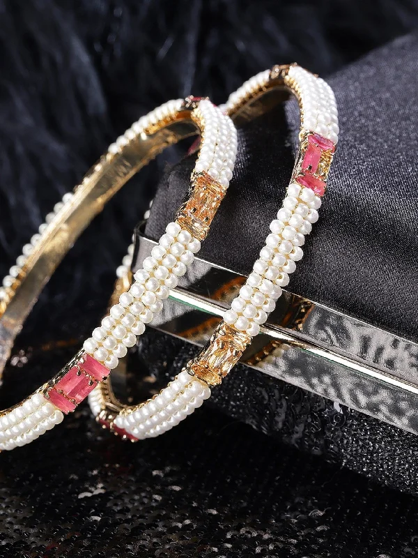 Ladies silver cuff bracelets-Priyaasi Women Set Of 2 Gold-Plated Pearls and Stones Studded Bangles in Pink and White Color